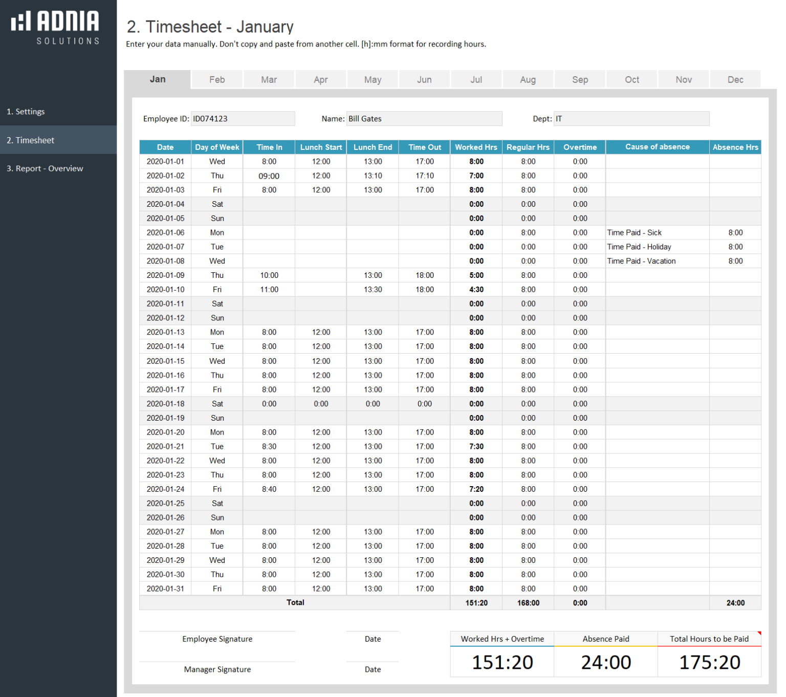 Excel Timesheet Template | Adnia Templates